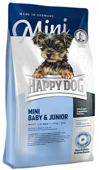 Сухой корм для щенков мелких пород собак от 4 недель до 12 месяцев Happy Dog Mini Baby & Junior 29/16 (птица, лосось, моллюски)